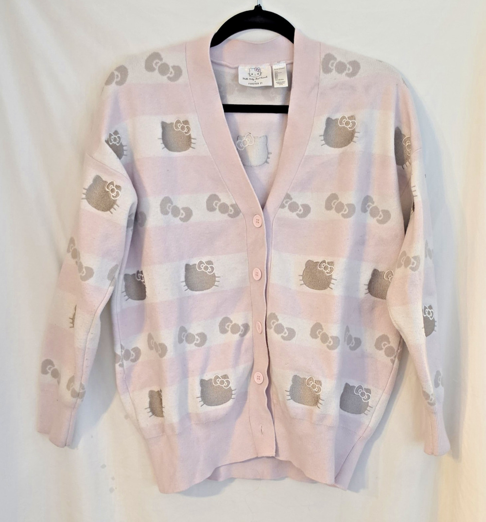 Hello Kitty x Forever 21 Pink/white Check Cardigan Button Graphic Print Size S/P